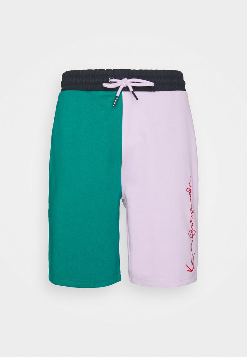 Green and light purple shorts with a drawstring waistband and red embroidered detail on the purple side. Made of lightweight fabric.
