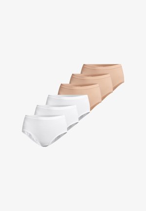Sechs kurze Unterhosen in zwei Farben: drei weiße und drei hautfarbene. Baumwollmischgewebe, elastischer Bund, glatte Textur, klassischer Schnitt.