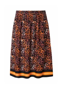 Leopardprint nederdel i orange, sort og lilla, med elastisk talje og en kontrasterende sort kant med orange striber.