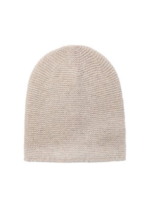 Light beige knitted beanie hat with a ribbed texture, rounded crown, and no embellishments or visible stitching details.