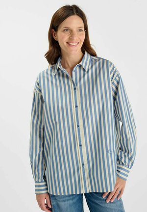 Donna sorridente con capelli castani di lunghezza fino alle spalle, che indossa una camicia a pulsante blu e beige a righe verticali e jeans blu.