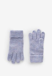 Gants tricotés bleu clair avec des poignets côtelés, featuring une texture douce et un design à cinq doigts. Adaptés à une utilisation par temps froid.