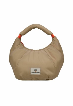 Beige padded handbag with a rounded shape, soft texture, and an orange accent on the handle. Features a logo patch on the front.