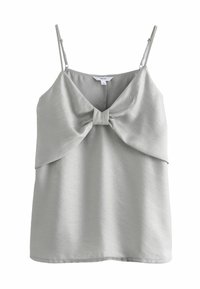 Lysegrå satin-camisole med justerbare spaghettistropper, med en sløjfedetail foran og en løs, flydende pasform.