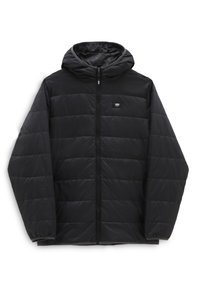 Veste matelassée noire à capuche avec fermeture éclair devant et petit logo Vans sur la poitrine gauche, manches longues avec poignets élastiques.