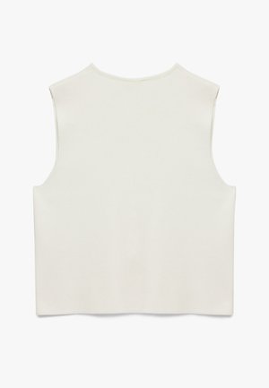 Top blanco sin mangas con textura acanalada y cuello redondo, que presenta un diseño simple y recto en la parte inferior.