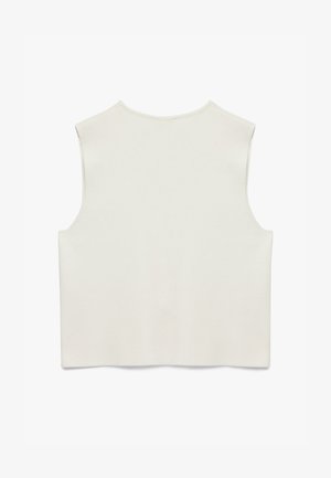Haut blanc sans manches avec une texture côtelée et un col rond, présentant un design simple et droit en bas.