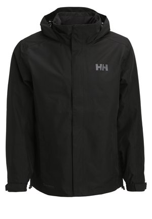 Black waterproof jacket with a hood, zip front, adjustable cuffs, and discreet logo on the chest. Smooth texture with a classic fit.