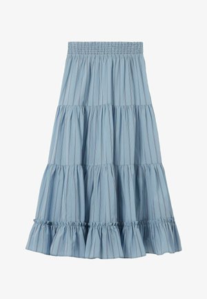 Jupe à étages bleu clair avec fines rayures verticales, taille élastique et ourlet à volants.