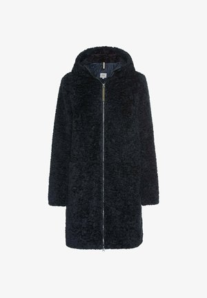Sort fleece frakke med lynlås, hætte og lange ærmer. Blød tekstur, midt-lår længde og enkelt design uden mønstre.
