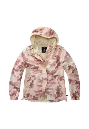 Lätt rosa kamouflagejacka med huva, fickor med dragkedja och elastiska muddar. Har ett andningsbart innerfoder och dragsko i fållen.