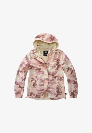 Lightweight pink camouflage jacket with a hood, zippered pockets, and elastic cuffs. Features a breathable inner lining and drawstring hem.