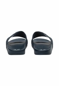 Black slide sandals with a textured rubber sole and dual upper straps. The footbed is contoured for comfort and stability.