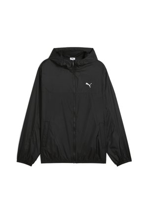 Svart vindjacka med huva, elastiska cuffs och sidofickor. Har en vit Puma-logotyp på bröstet. Slät och lätt material.