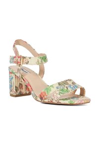 Floral patterned open-toe sandal with an ankle strap, featuring a block heel. The upper material displays multicolored plant designs.