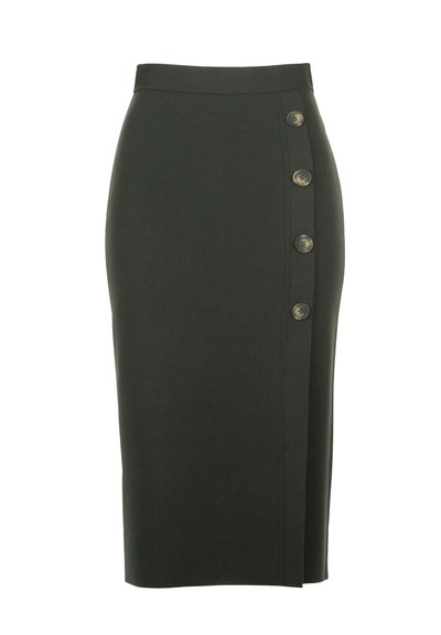 Dark green pencil skirt made from a textured fabric, featuring a side slit and five round, dark buttons along the left side.
