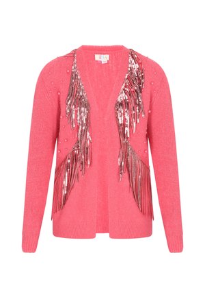 Lyserød cardigan med V-hals, dekoreret med palietfringe og hævede runde perler foran. Blød tekstur og afslappet pasform.