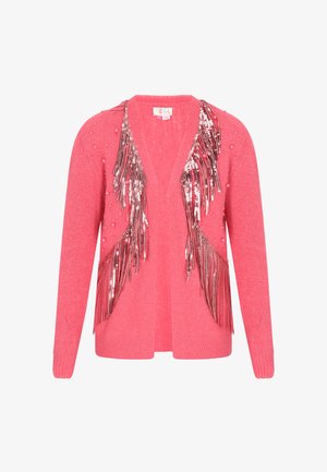 Różowy kardigan z dekoltem w serek, ozdobiony frędzlami z cekinów i wypukłymi okrągłymi koralikami z przodu. Miękka faktura i luźny krój.