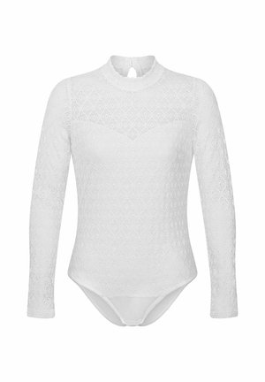 Weißer Langarm-Spitzenbody mit hohem Kragen und Schlüsselloch-Knopfverschluss hinten.