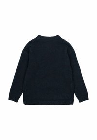 Tume sinine kootud kampsun pikkade varrukatega, ümar kaelus ja soonikuga mansetid. Pehme tekstuur, lõ relaxed ja minimaalse detailitusega.