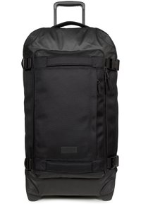 Borsone nero a rotelle con superficie texturizzata, maniglia superiore, cinghie regolabili e tasca frontale con zip. Materiale resistente con base rinforzata.