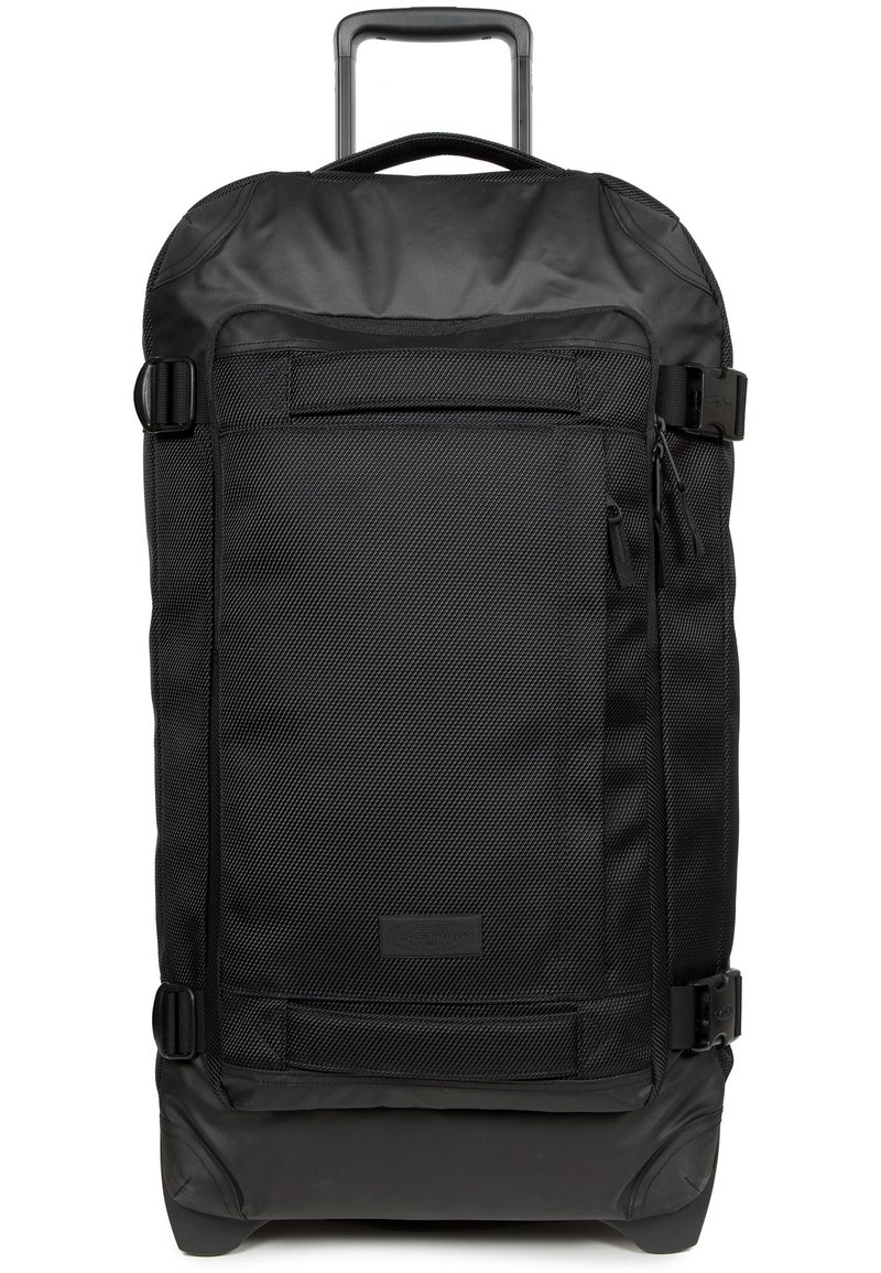 Borsone nero a rotelle con superficie texturizzata, maniglia superiore, cinghie regolabili e tasca frontale con zip. Materiale resistente con base rinforzata.