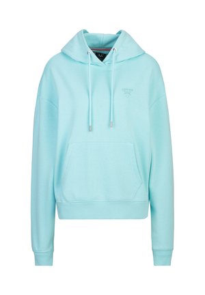 Light blue pullover hoodie with front pocket, adjustable drawstring hood, and subtle logo on the chest.