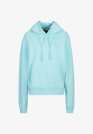 Lichtblauwe pullover hoodie met voorzak, verstelbare trekkoordkap en subtiel logo op de borst.