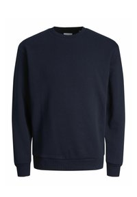 Sweat-shirt bleu marine en matière douce, avec un col rond, des manches longues, des poignets côtelés et un ourlet côtelé. Aucun logo visible.