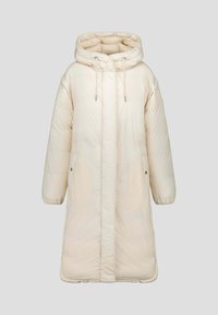 Gewatteerde jas in lichtbeige met capuchon, trekkoord, ritssluiting aan de voorkant en zijzakken, met een glad, doorgestikt oppervlak.