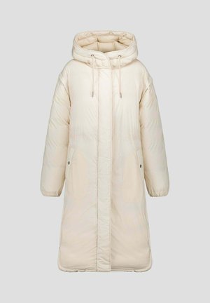 Gewatteerde jas in lichtbeige met capuchon, trekkoord, ritssluiting aan de voorkant en zijzakken, met een glad, doorgestikt oppervlak.