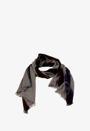 Blødt, rektangulært tørklæde med en hundetandsmønster i sort, hvid, brun og mørkeblå, med frynsekant.