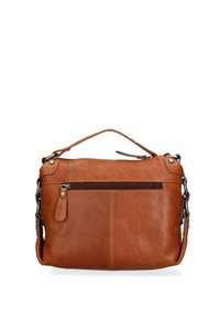 Borsa a mano in pelle tan con forma strutturata, dotata di manico superiore, tracolla a catena removibile e tasca frontale con zip.