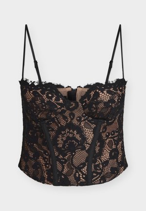 Sort blonder corset-top med blomsterprint, nøgen underlag, justerbare tynde stropper og strukturerede frontpaneler.