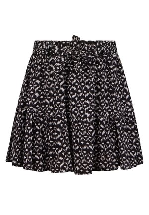 Jupe à volants noire et blanche avec un motif léopard, dotée d'une ceinture à nouer à la taille et d'une texture de tissu douce et légère.