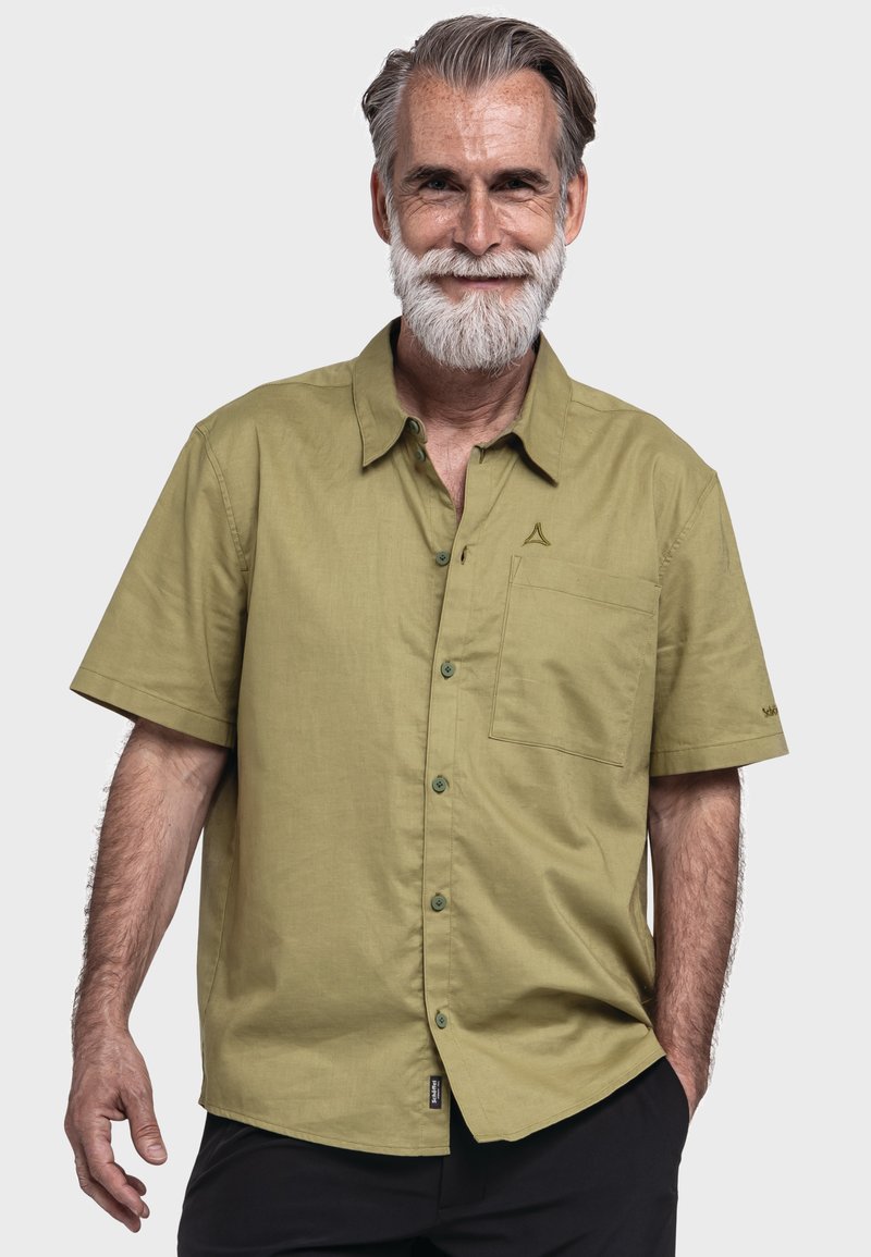 Olivenfarbene Kurzarmshirt aus strukturiertem Stoff, mit Brusttasche, Knopfverschluss und kleinem Logo auf der linken Seite.