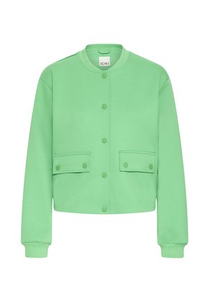 Zelená krátka bunda z mäkkého materiálu, s okrúhlym výstrihom, zapínaním na patentky a dvoma prednými vreckami so záklopkami.