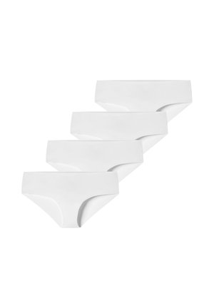 Fire hvide sømløse dame bikini-trusser stablet diagonalt på en ensfarvet hvid baggrund.