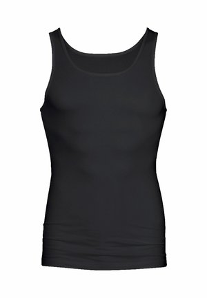 Black tank top made from smooth, stretchy material. Features a round neckline and slim fit design with no visible seams.