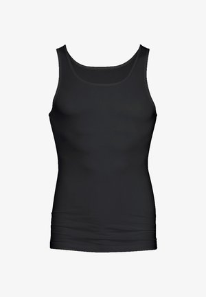 Black tank top made from smooth, stretchy material. Features a round neckline and slim fit design with no visible seams.