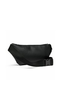 Schwarzer Gürteltasche aus Kunstleder mit strukturierter Oberfläche, Reißverschluss und einem verstellbaren Riemen. Verfügt über eine rechteckige Form und eine seitliche Schnellverschluss-Schnalle.