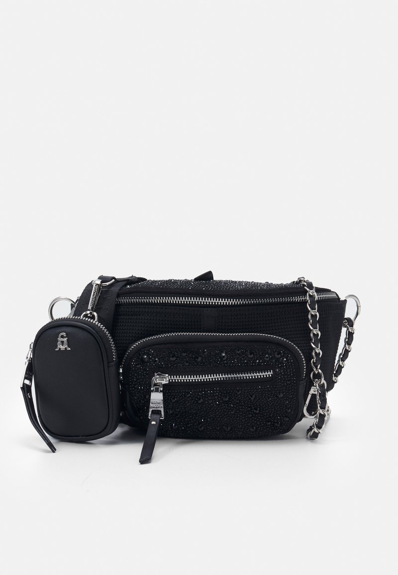 Black crossbody bag featuring a textured surface, shiny accents, two zippered pockets, and a detachable small pouch with chain strap.