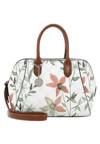 Sac à main à imprimé floral avec une base texturée blanche et des accents verts, doté de poignées en cuir marron et d'une bandoulière amovible.