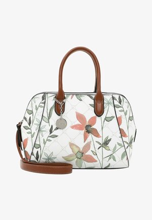 Borsa a mano con stampa floreale, base bianca texture e dettagli verdi, dotata di manici in pelle marrone e tracolla removibile.