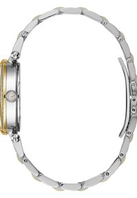 Ura s srebrnim in zlatim tonom z okroglo ohišjem, teksturiranim robom in povezanem kovinskem pasu, ki vsebuje izmenične polirane in mat povezave.