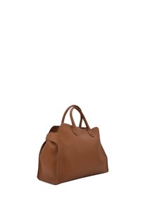 Borsa a mano in pelle marrone con forma strutturata, superficie testurizzata, doppi manici e senza hardware visibile. Finitura liscia e design spazioso.