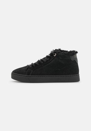 Black suede high-top sneaker with black rubber sole, lace-up front, and soft fleece lining around the ankle.