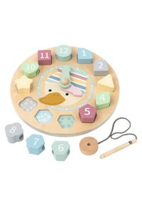 Wooden shape sorter with a round base featuring a cartoon duck. Colorful geometric blocks have numbers and patterns, with a pull string and handle.