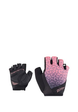 Pair of fingerless cycling gloves, one showing black padded palm with "Comfort Pro" text, the other pink-purple leopard print back with "ziener" logo.