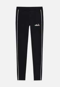 Fekete leggings rugalmas anyagból, fehér oldalsávval és hímezett logóval a comb felső részén. Simább textúrájú, testhezálló fazon.